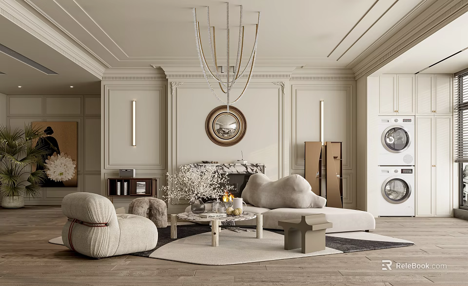 Elegant Modern Living Room With Beige Sofas Coffee Table Fireplace And Round Mirror 3d model