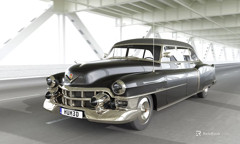 Classic Black Vintage Car Driving On Road Under Bridge With Water Background 3d model 