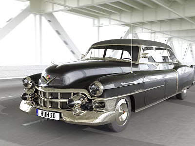Classic Black Vintage Car Driving On Road Under Bridge With Water Background 3d model