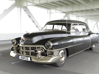 Classic Black Vintage Car Driving On Road Under Bridge With Water Background 3d model