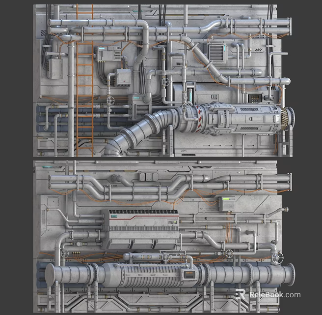 Detailed Industrial Mechanical Structure With Metal Pipes And Technical Components 3d model 