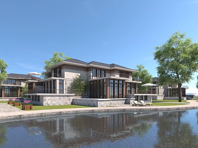 Modern Detached Villa By Waterfront With Stone Exterior Large Windows Lush Trees And Scenic View 3d model