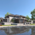 Modern Detached Villa By Waterfront With Stone Exterior Large Windows Lush Trees And Scenic View