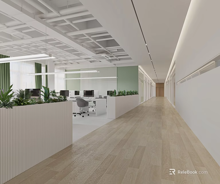 Modern Public Office Space Open Design With Workstations Green Plants White Partitions Light Wood Flooring 3d model 