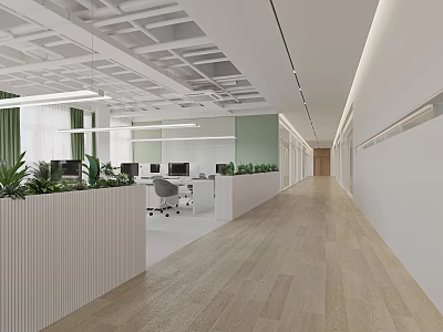 Modern Public Office Space Open Design With Workstations Green Plants White Partitions Light Wood Flooring 3d model