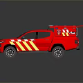 Two Red Emergency Vehicles With Roof Mounted Equipment And Striped Body Design