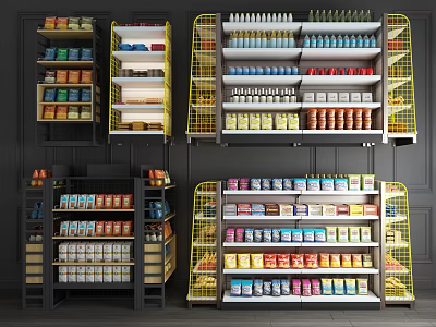 Multi Layer Display Shelves With Colorful Jars And Bottles In Retail Store 3d model