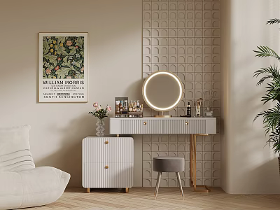 Modern Luxury Dressing Table With Round Mirror Decorative Painting Green Plant And Upholstered Stool 3d model