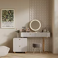 Modern Luxury Dressing Table With Round Mirror Decorative Painting Green Plant And Upholstered Stool
