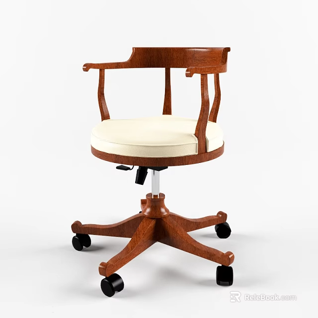 Classic Wooden Office Chair With Armrests White Padded Seat And Wheeled Base 3d model 