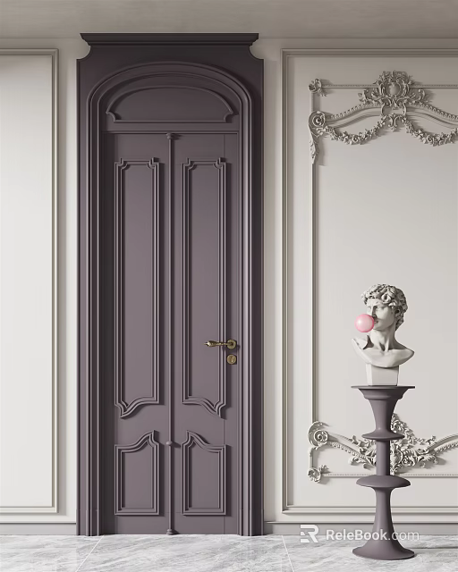 Classic Deep Gray Hinged Door With Carved Design And Decorative Wall Statue 3d model 