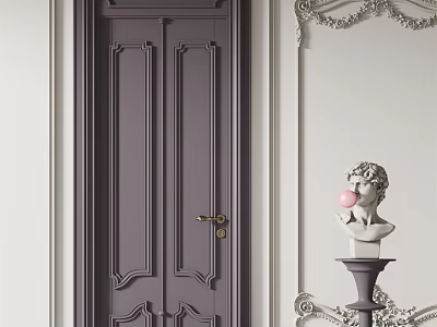 Classic Deep Gray Hinged Door With Carved Design And Decorative Wall Statue 3d model