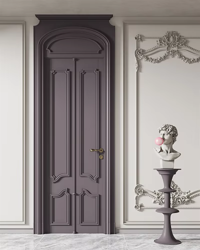 Classic Deep Gray Hinged Door With Carved Design And Decorative Wall Statue 3d model
