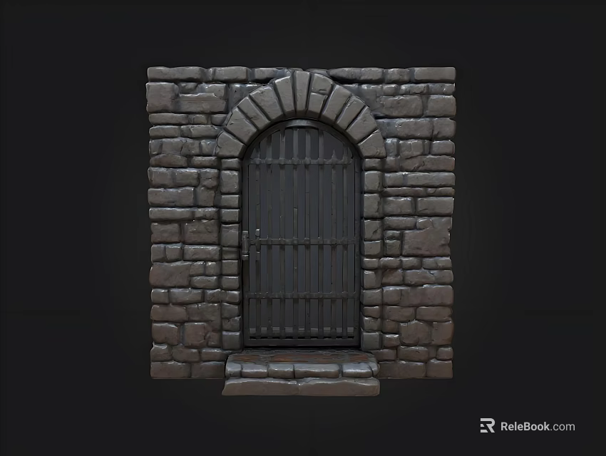 Medieval Stone Wall With Arched Iron Gate And Textured Bricks Design 3d model