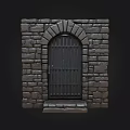 Medieval Stone Wall With Arched Iron Gate And Textured Bricks Design 3d model