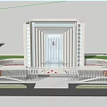 Modern Office Building Exterior With Glass Curtain Wall Colonnade Plaza Pedestrians Vehicles And Blue Sky