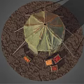 Green Camping Tent with Wooden Poles on Rocky Dirt Ground and Fruit Filled Crates