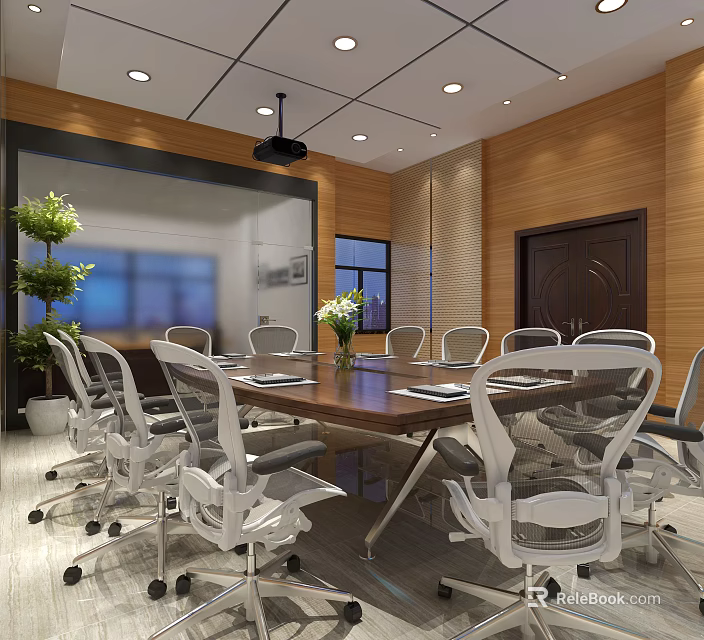 Modern Conference Room With Long Wooden Table White Office Chairs Projection Screen And Ceiling Lights 3d model 