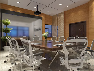 Modern Conference Room With Long Wooden Table White Office Chairs Projection Screen And Ceiling Lights 3d model
