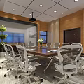 Modern Conference Room With Long Wooden Table White Office Chairs Projection Screen And Ceiling Lights