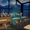 Modern Café Interior With Large Glass Windows Snowy Mountain Views And Art Decorations