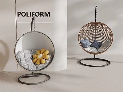 Modern Round Rattan Hanging Chair With Yellow Flower Cushion And Blue Gray Pillows 3d model