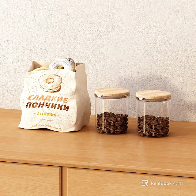 Sweet Donuts in Paper Bag and Coffee Beans in Glass Jars on Wooden Table 3d model 