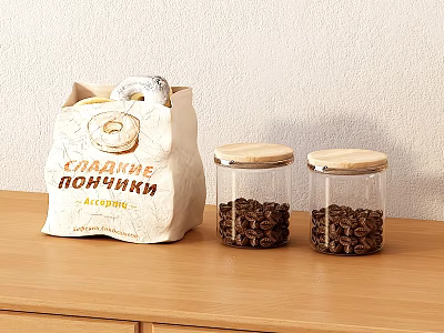Sweet Donuts in Paper Bag and Coffee Beans in Glass Jars on Wooden Table 3d model
