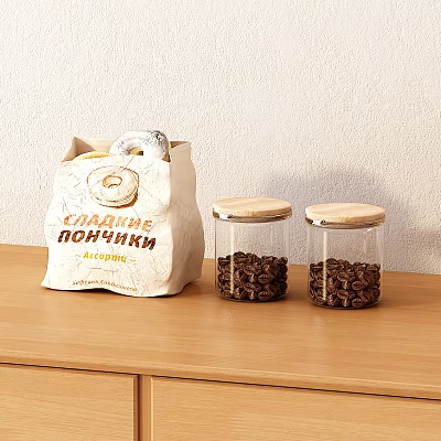 Sweet Donuts in Paper Bag and Coffee Beans in Glass Jars on Wooden Table 3d model