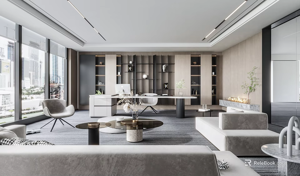 Modern Office Interior With Spacious Workspace Desk Sofa Bookshelves And Floor to Ceiling Windows 3d model 