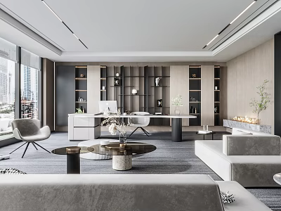 Modern Office Interior With Spacious Workspace Desk Sofa Bookshelves And Floor to Ceiling Windows 3d model