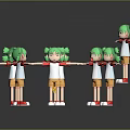 Colorful Toy Figures With Green Hair White Shirts Orange Shorts Red Shoes On Blue Platform