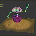 3D Robot Character with Metallic Structure Glowing Eyes and Mechanical Arms on Sandy Base 3d model