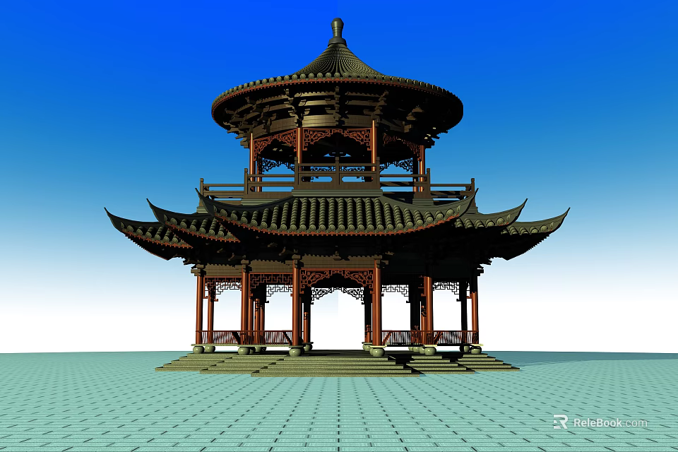 Traditional Chinese Pavilion With Multi Tiered Overhanging Eaves And Wooden Carved Structure Design 3d model 