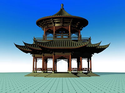 Traditional Chinese Pavilion With Multi Tiered Overhanging Eaves And Wooden Carved Structure Design 3d model