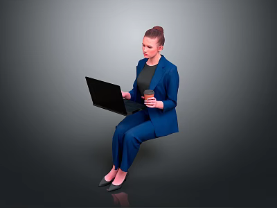 Child Using Laptop With Parent In Blue Suit Holding Coffee Cup 3d model