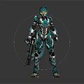 Turquoise White Futuristic Mechanical Armor Character With Biomechanical Design Holding Gun