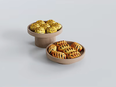 Golden Baked Pastries With Sesame Seeds In Wooden Plates And Twisted Crust 3d model