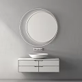 Modern Bathroom Vanity With Gold Circular Mirror Gray Basin And Drawer Cabinet