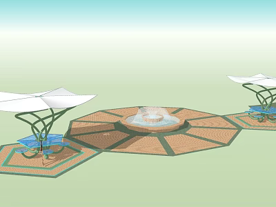 White Outdoor Tensile Membrane Structures With Central Fountain And Hexagonal Paved Area 3d model