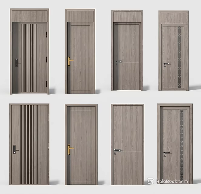 Various Modern Swing Doors With Wooden Texture And Different Handle Designs 3d model