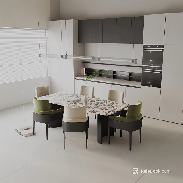 Elegant Modern Dining Table Set With Marble Top And Chairs In Kitchen Interior 3d model