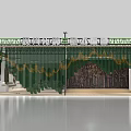 Stage Design With Green Curtains Gold Patterns Relief Wall And Metal Structure