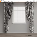 Elegant Floral Pattern Curtains Hanging By White Window In Gray Room 3d model