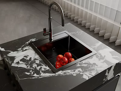 Modern Kitchen Sink Space Featuring Black Sink Faucet Marble Countertop And Fresh Apples 3d model
