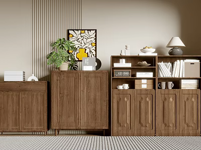 Wooden Entryway Cabinet And Side Cabinet With Storage Decorative Items And Potted Plant 3d model