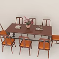 Elegant Dining Table Set With Brown Rectangular Top Six Orange Upholstered Chairs And Flower Vase 3d model