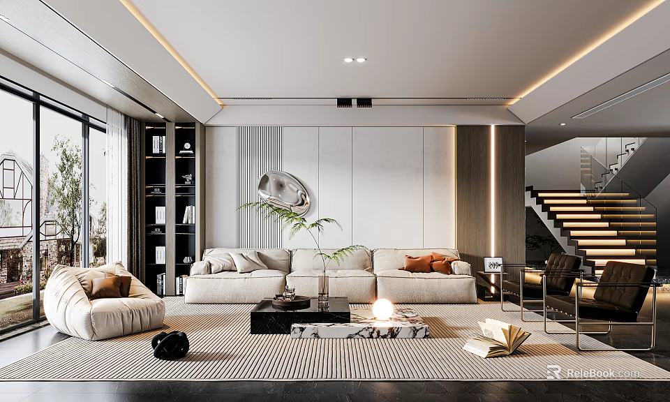 Modern Living Room Interior Design With Sofas Fire Feature And Bookshelves 3d model