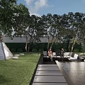 Serene Garden Landscape With Stone Pathway Cherry Blossom Tree Water Feature And Green Plants