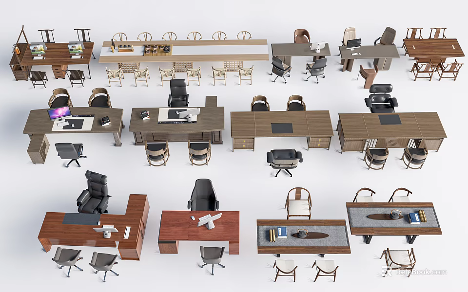 Modern Office Desks With Wooden Tops And Matching Chairs For Workspace 3d model 